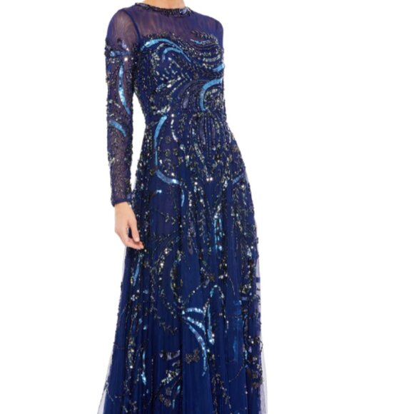 MAC DUGGAL 5217 LONG SLEEVE EMBELLISHED ILLUSIONS MIDNIGHT NAVY GOWN sz 16 - Picture 6 of 6